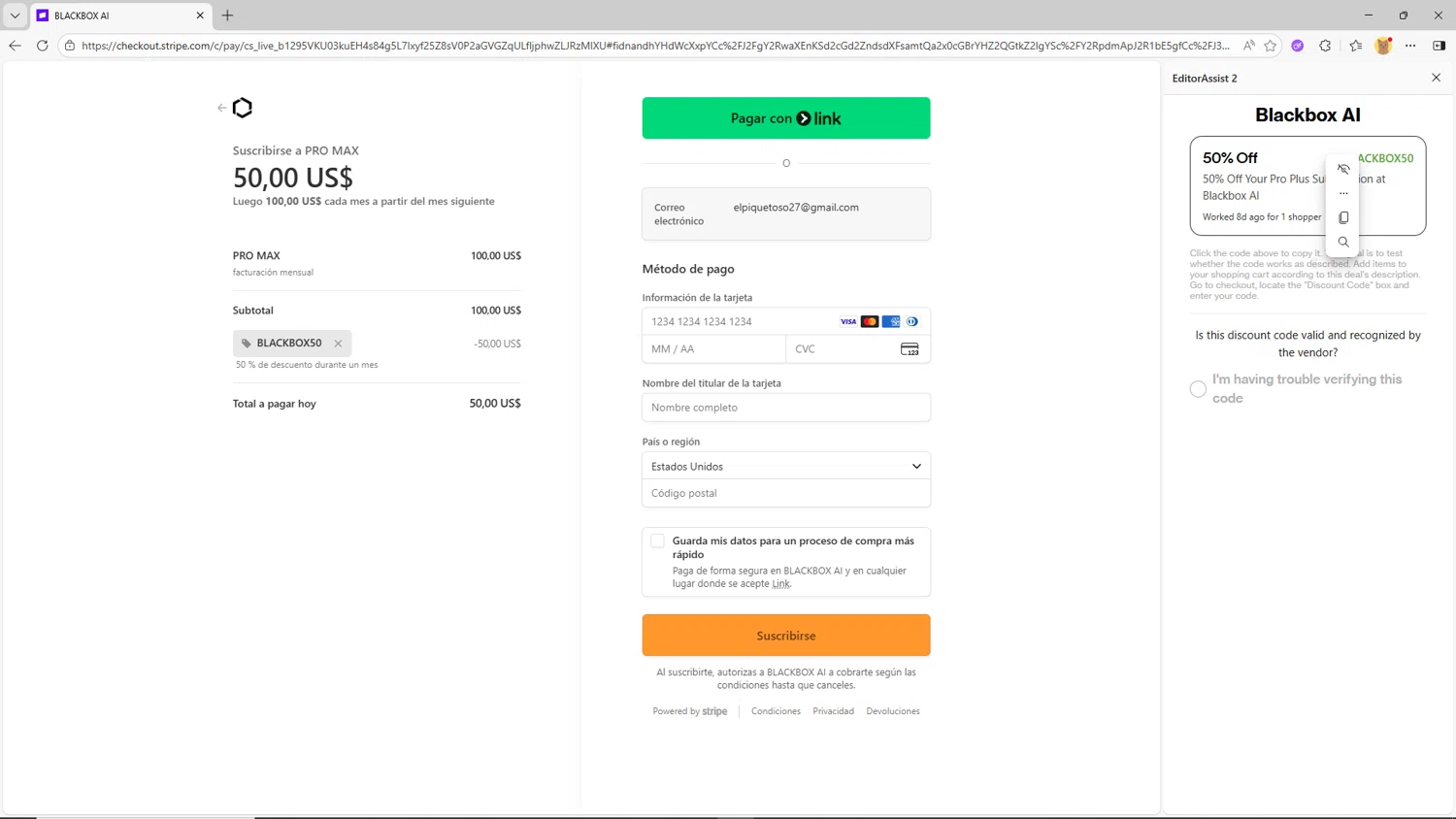 Blackbox AI promo code screenshot showing code BLACKBOX50 applied at Blackbox AI checkout page. Uploaded by SimplyCodes community member SwiftSleuth1271 on Jan 4, 2026