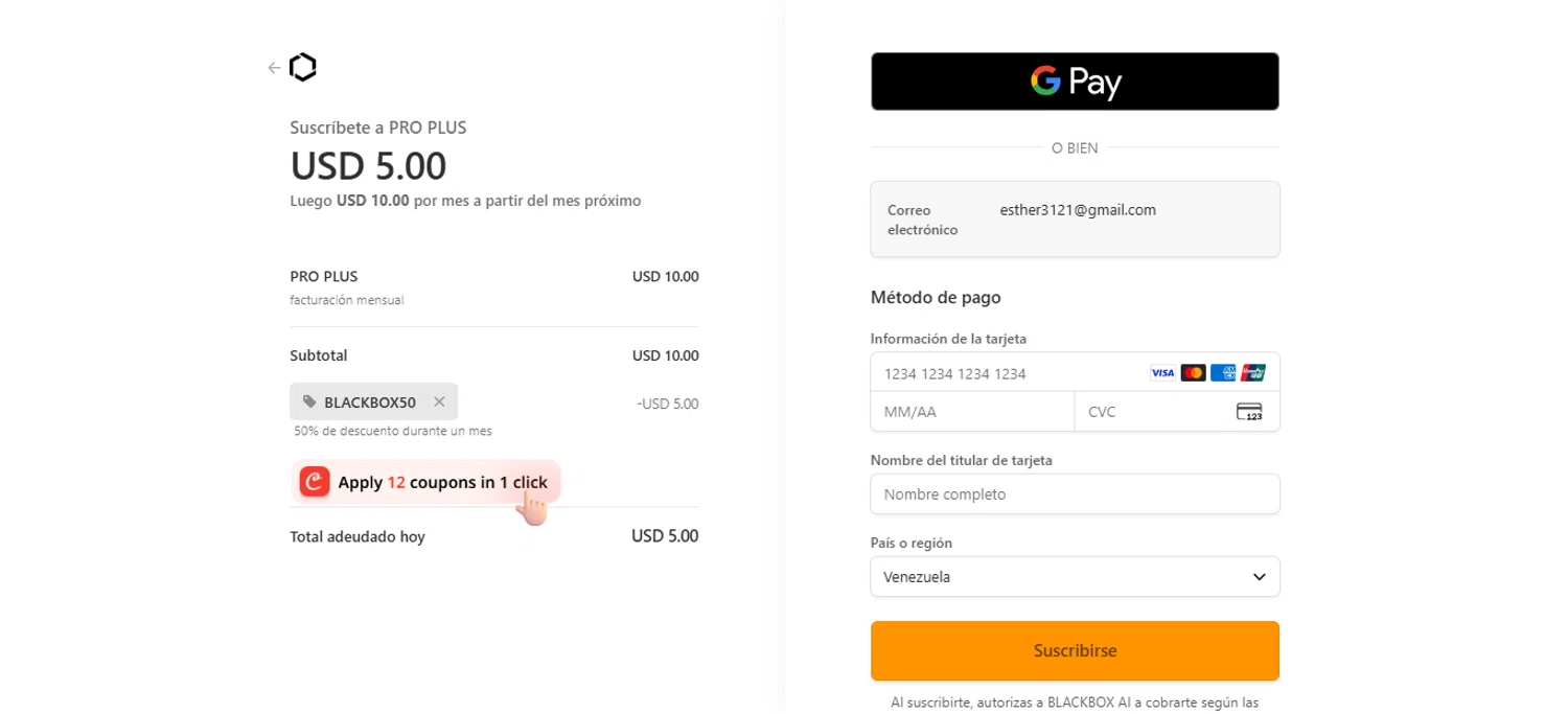 Blackbox AI promo code screenshot showing code BLACKBOX50 applied at Blackbox AI checkout page. Uploaded by SimplyCodes community member ESTHER3121 on Dec 27, 2025