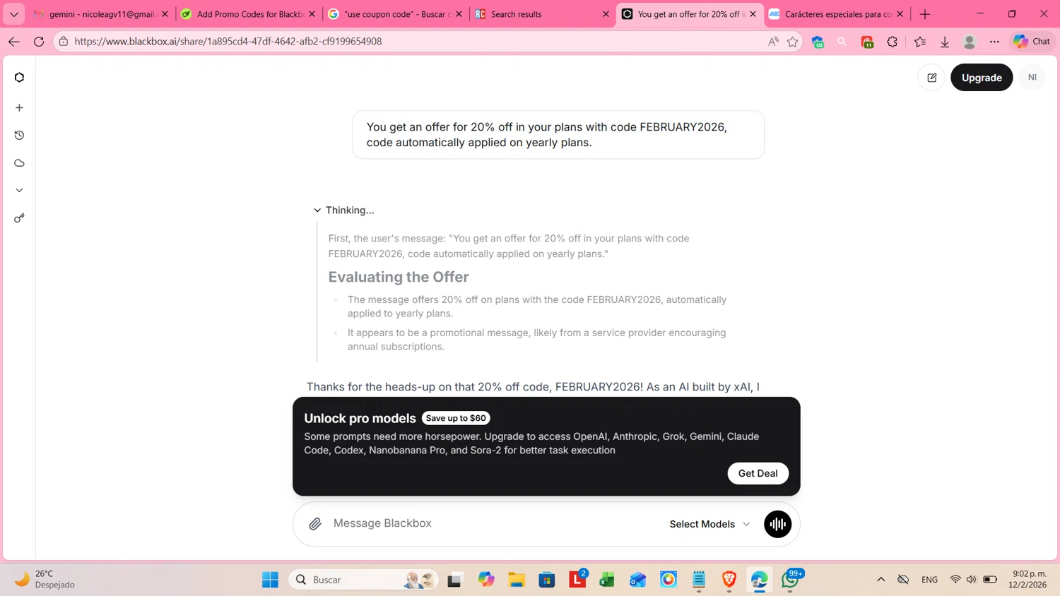 Blackbox AI promo code screenshot showing code FEBRURY2026 applied at Blackbox AI checkout page. Uploaded by SimplyCodes community member cosita on Feb 13, 2026