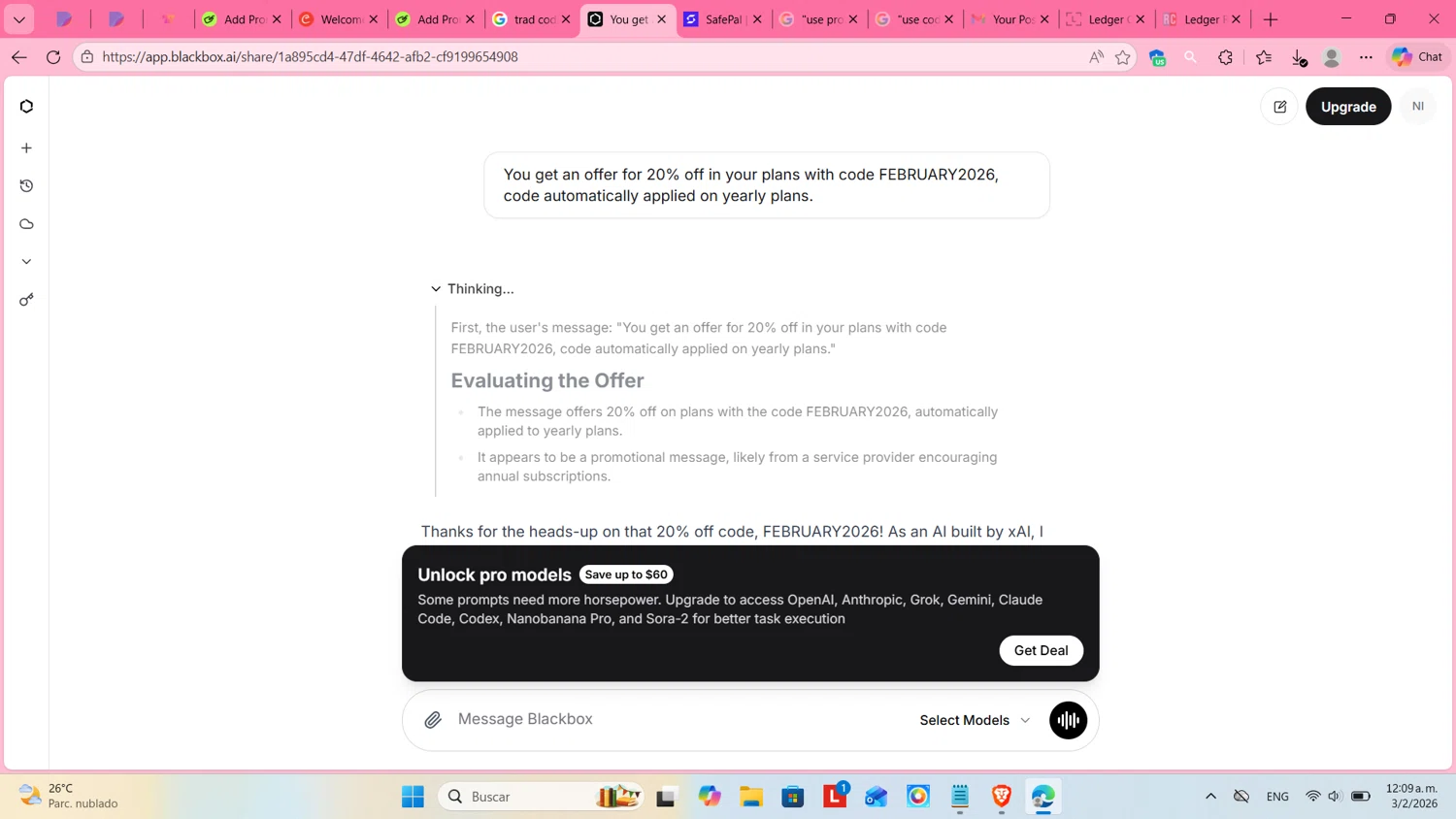 Blackbox AI promo code screenshot showing code FEBRUARY2026 applied at Blackbox AI checkout page. Uploaded by SimplyCodes community member cosita on Feb 3, 2026