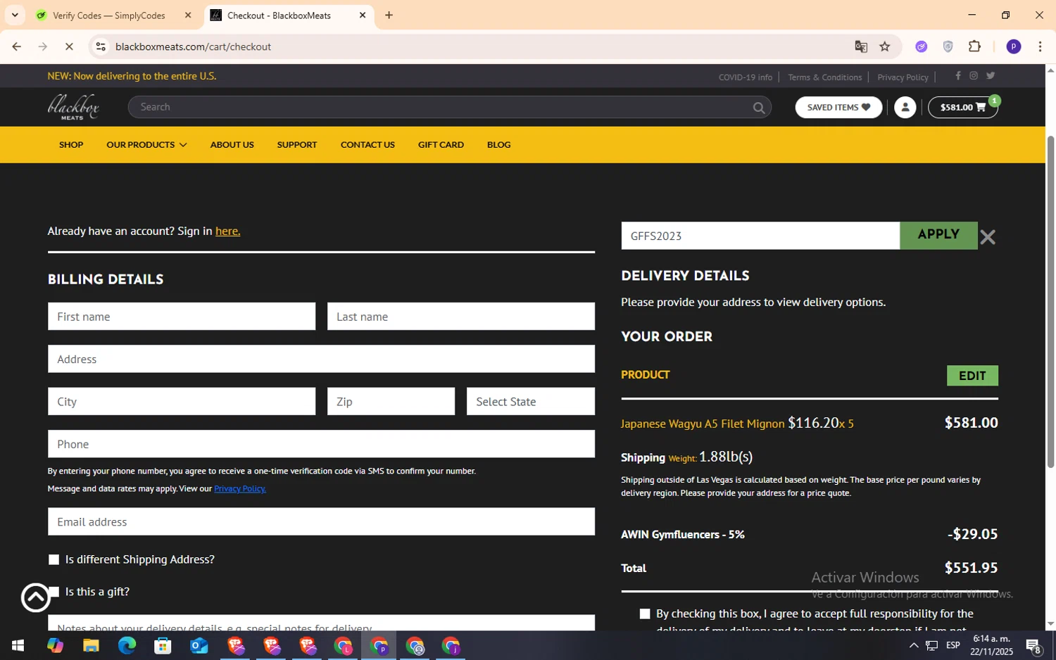 Blackbox Meats coupon code screenshot showing code GFFS2023 applied at Blackbox Meats checkout page. Uploaded by SimplyCodes community member NobleFox9153 on Nov 22, 2025