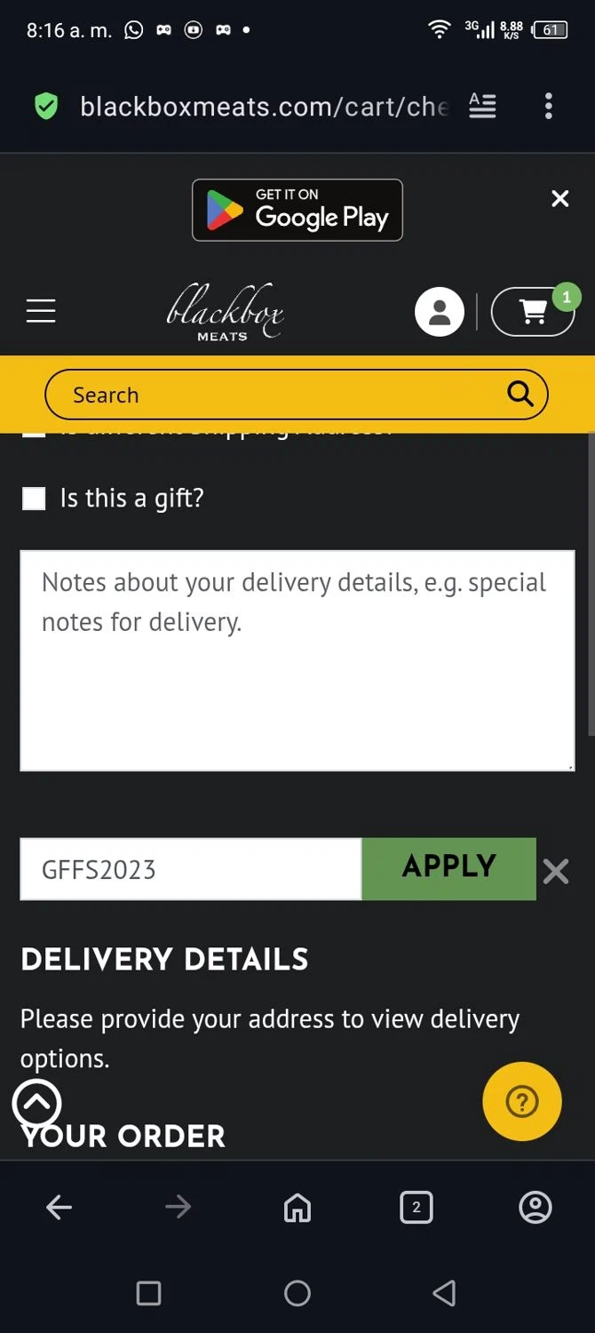 Blackbox Meats coupon code screenshot showing code GFFS2023 applied at Blackbox Meats checkout page. Uploaded by SimplyCodes community member billgates0997923425561 on Nov 28, 2025
