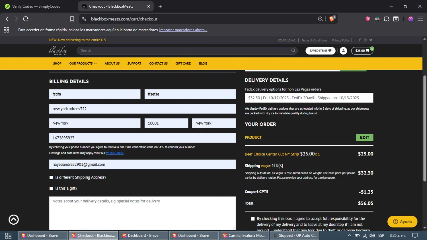 Blackbox Meats coupon code screenshot showing code CPT5 applied at Blackbox Meats checkout page. Uploaded by SimplyCodes community member DazzLL on Oct 15, 2025