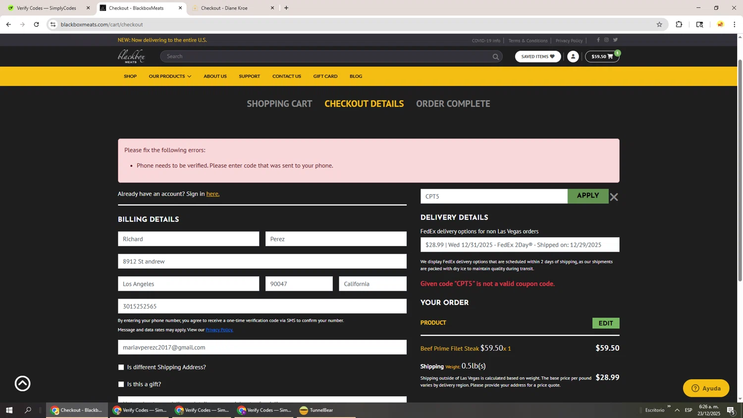Blackbox Meats coupon code screenshot showing code CPT5 applied at Blackbox Meats checkout page. Uploaded by SimplyCodes community member Richard251 on Dec 23, 2025
