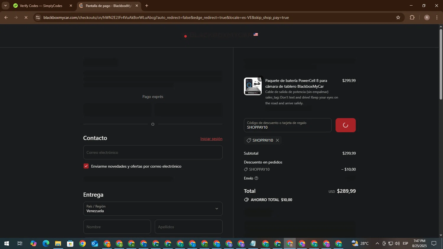 BlackboxMyCar discount code screenshot showing code SHOPPAY10 applied at BlackboxMyCar checkout page. Uploaded by SimplyCodes community member CashScout2884 on Aug 25, 2025