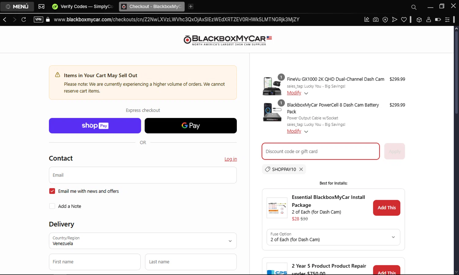 BlackboxMyCar discount code screenshot showing code SHOPPAY10 applied at BlackboxMyCar checkout page. Uploaded by SimplyCodes community member BonusDefender4693 on Mar 24, 2025