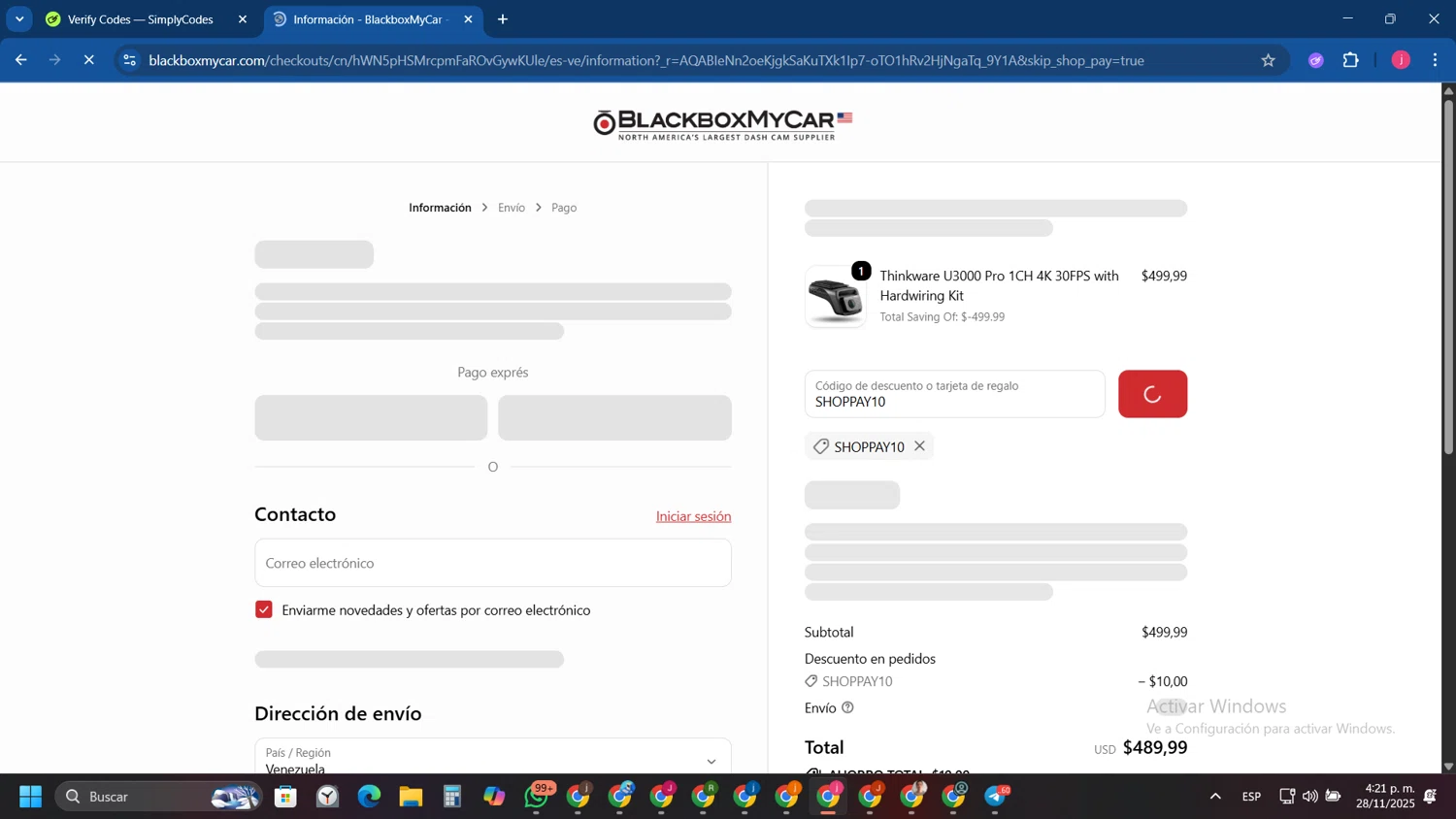 BlackboxMyCar discount code screenshot showing code SHOPPAY10 applied at BlackboxMyCar checkout page. Uploaded by SimplyCodes community member Tryhard on Nov 28, 2025
