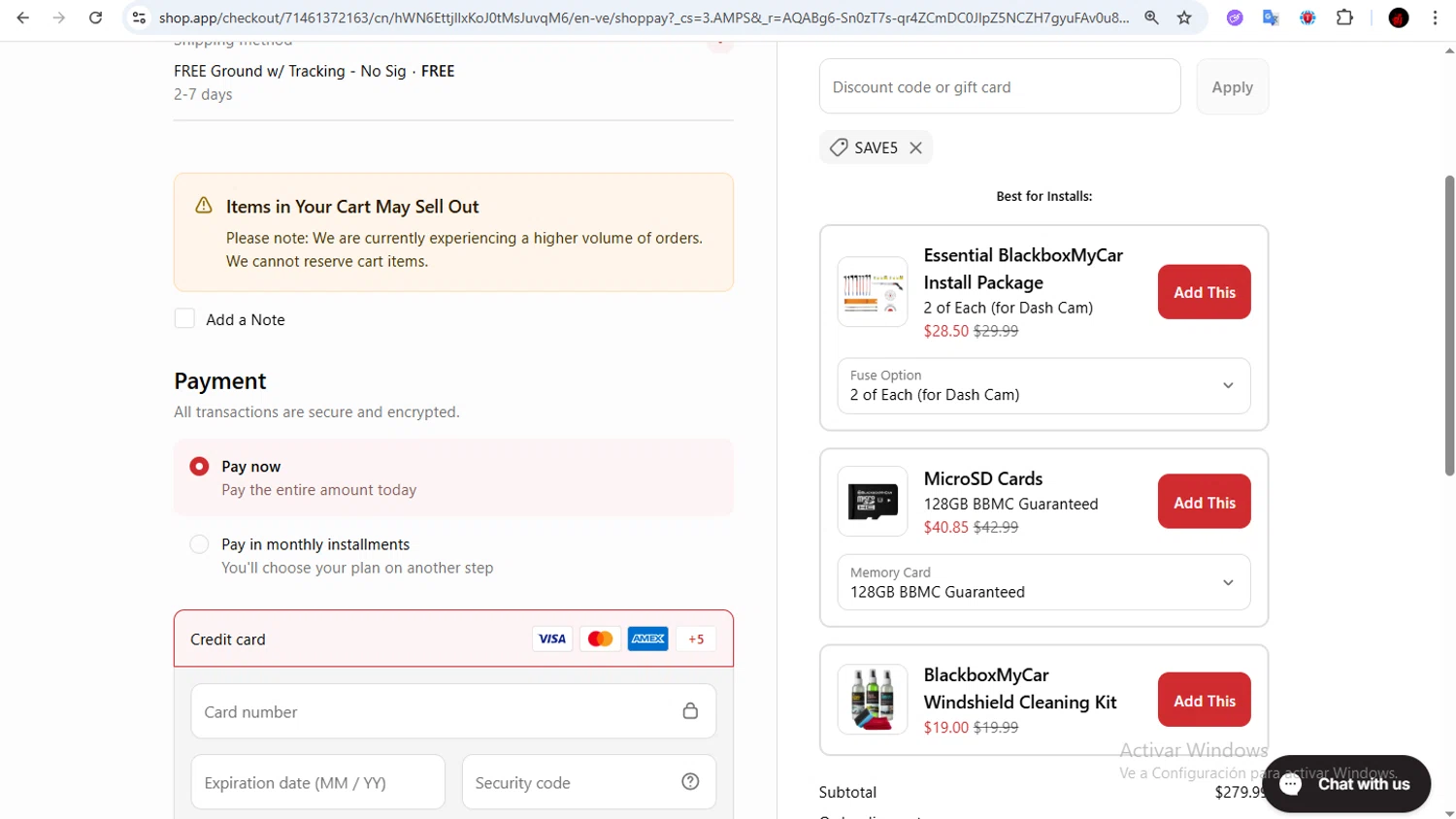 BlackboxMyCar discount code screenshot showing code SAVE5 applied at BlackboxMyCar checkout page. Uploaded by SimplyCodes community member Francisco01 on Dec 9, 2025