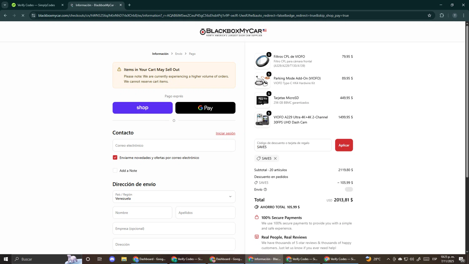 BlackboxMyCar discount code screenshot showing code SAVE5 applied at BlackboxMyCar checkout page. Uploaded by SimplyCodes community member Makemusic on Nov 8, 2025