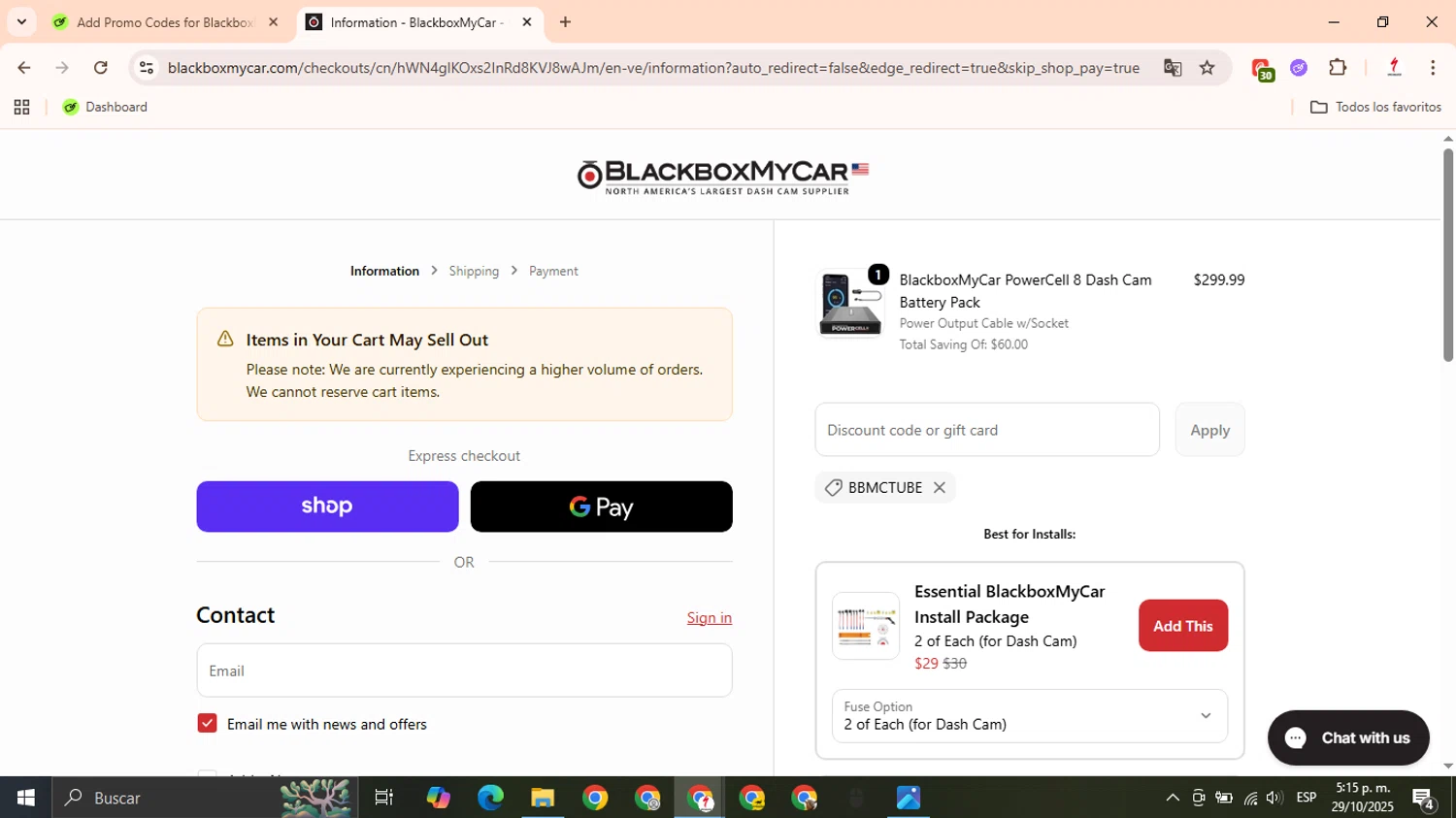 BlackboxMyCar discount code screenshot showing code BBMCTUBE applied at BlackboxMyCar checkout page. Uploaded by SimplyCodes community member NobleTiger3857 on Oct 29, 2025