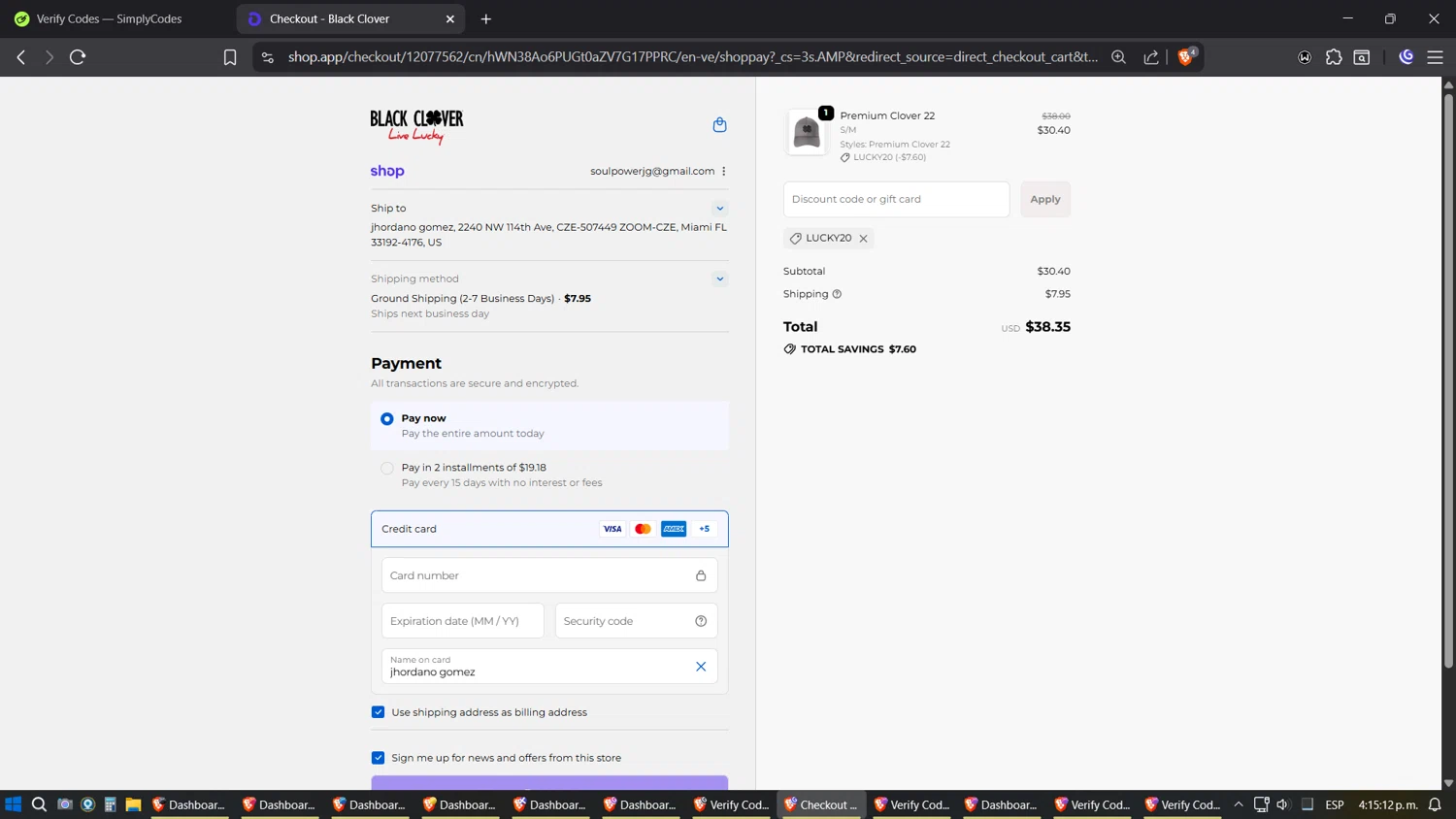 Black Clover discount code screenshot showing code LUCKY20 applied at Black Clover checkout page. Uploaded by SimplyCodes community member Amidamaru on Sep 18, 2025