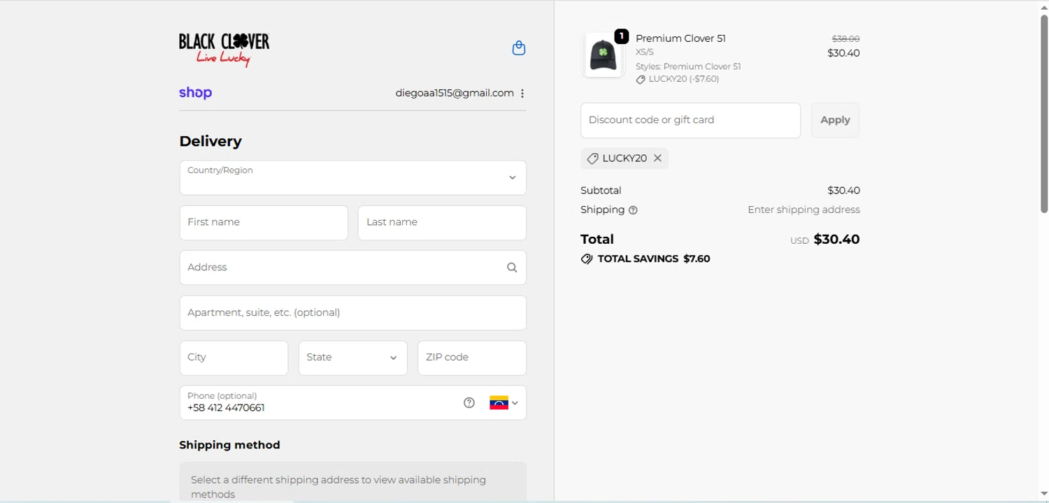 Black Clover discount code screenshot showing code LUCKY20 applied at Black Clover checkout page. Uploaded by SimplyCodes community member BargainShopper1384 on Oct 1, 2025