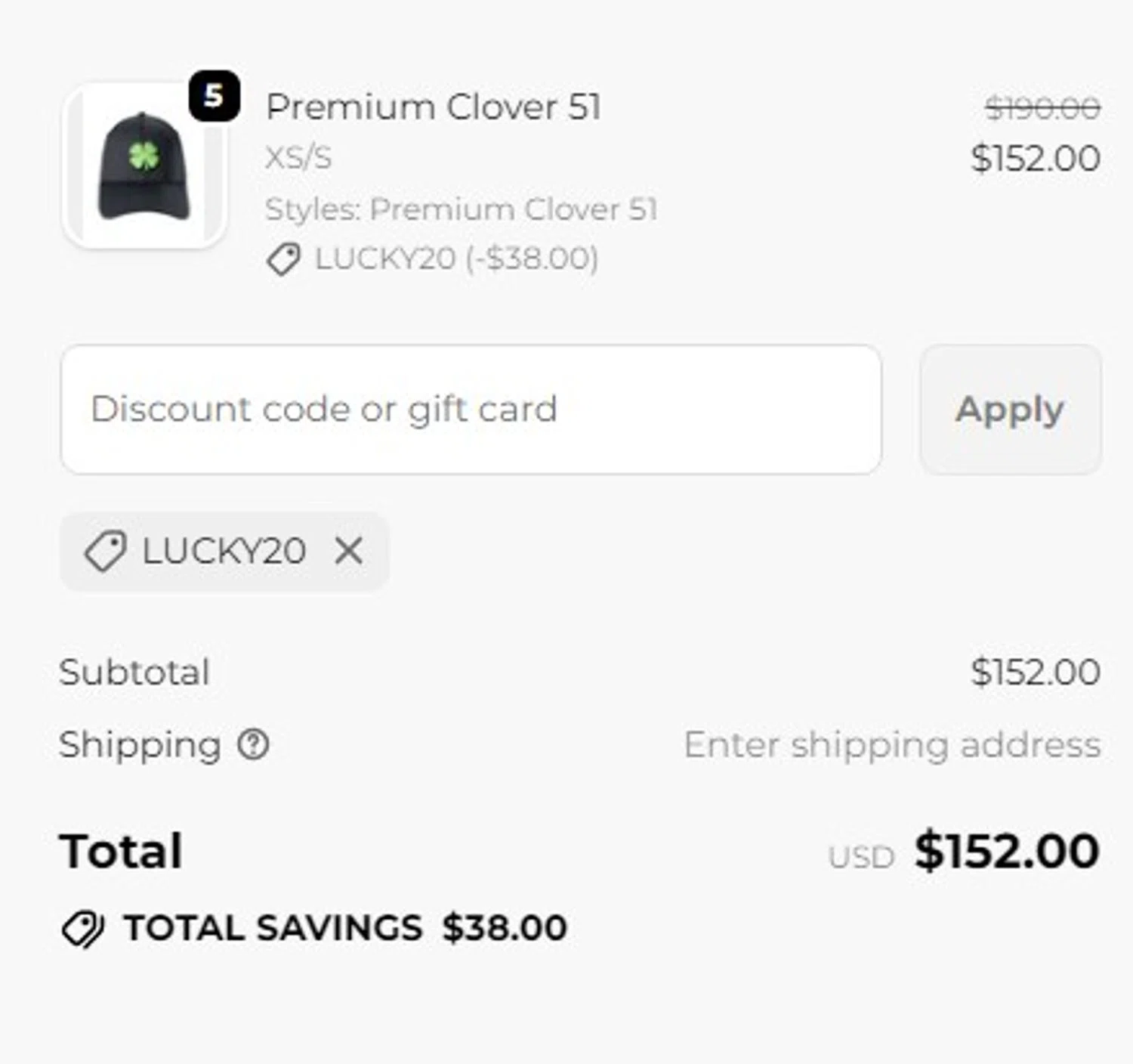 Black Clover discount code screenshot showing code LUCKY20 applied at Black Clover checkout page. Uploaded by SimplyCodes community member marialymontiel on Oct 5, 2025