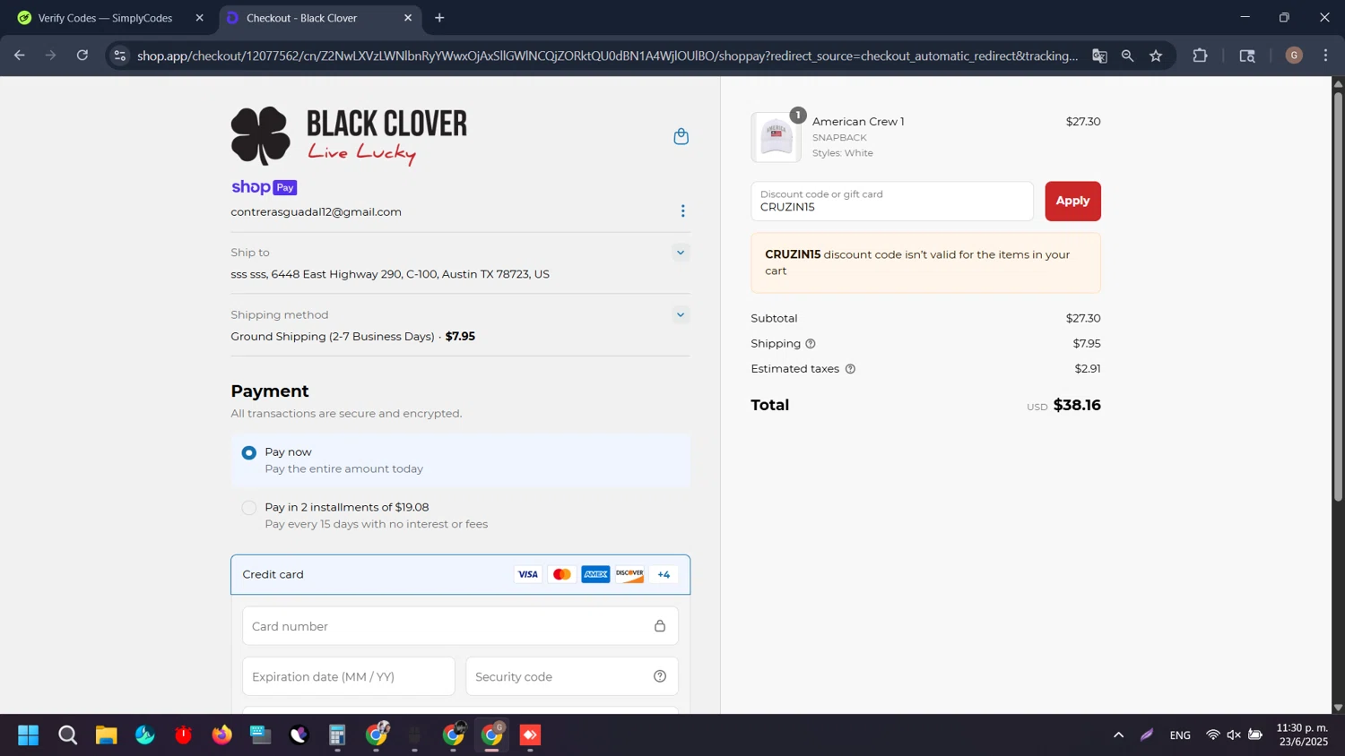 Black Clover discount code screenshot showing code CRUZIN15 applied at Black Clover checkout page. Uploaded by SimplyCodes community member EpicTiger3556 on Jun 24, 2025