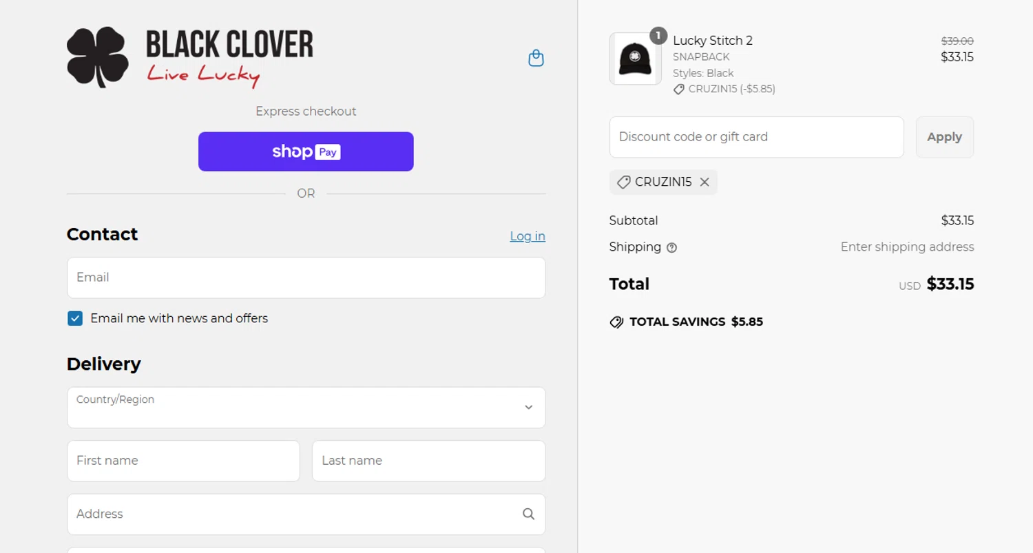 Black Clover discount code screenshot showing code CRUZIN15 applied at Black Clover checkout page. Uploaded by SimplyCodes community member Omega77 on Jun 17, 2025