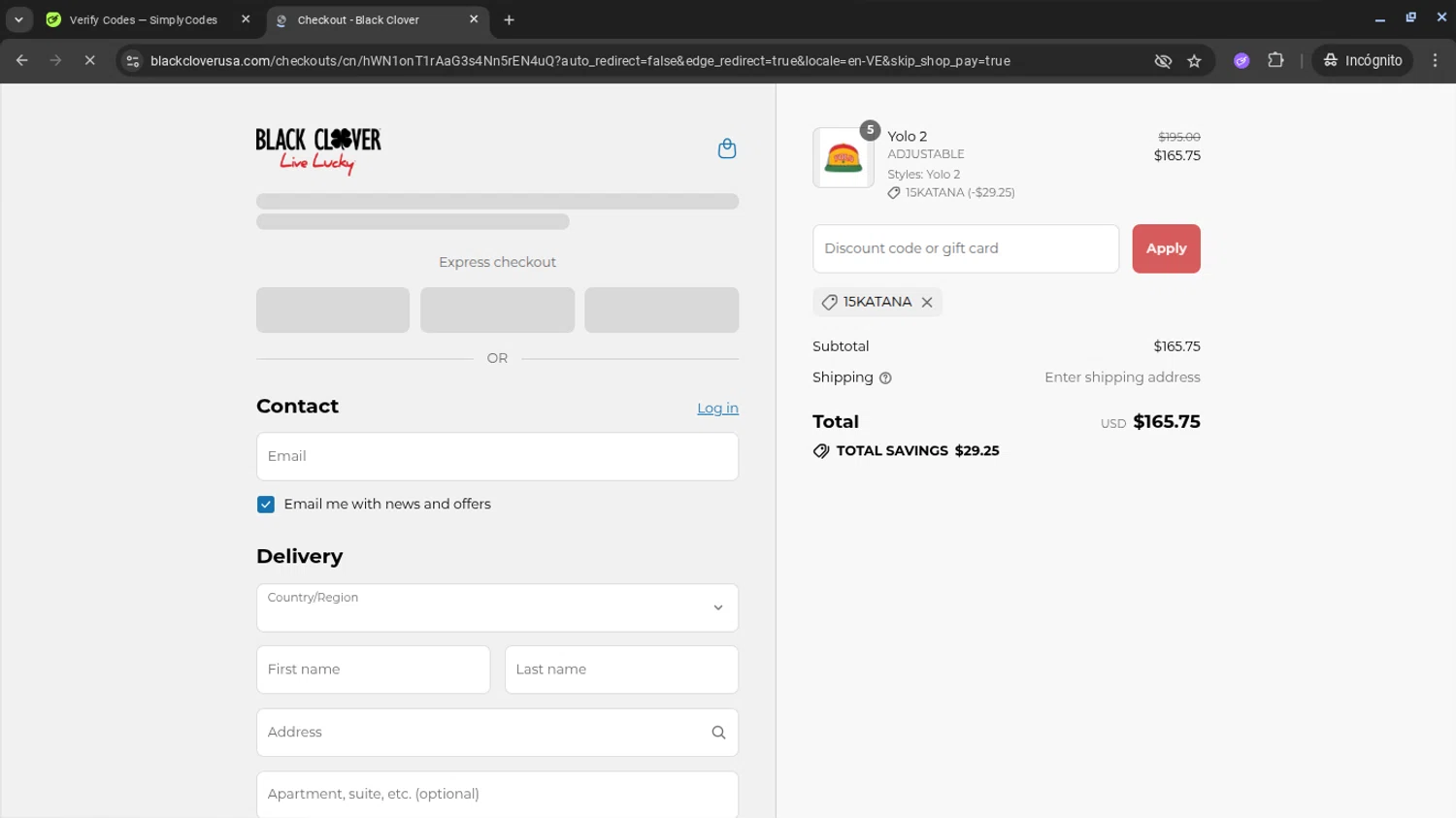 Black Clover discount code screenshot showing code 15katana applied at Black Clover checkout page. Uploaded by SimplyCodes community member AberthGotopo on Aug 15, 2025