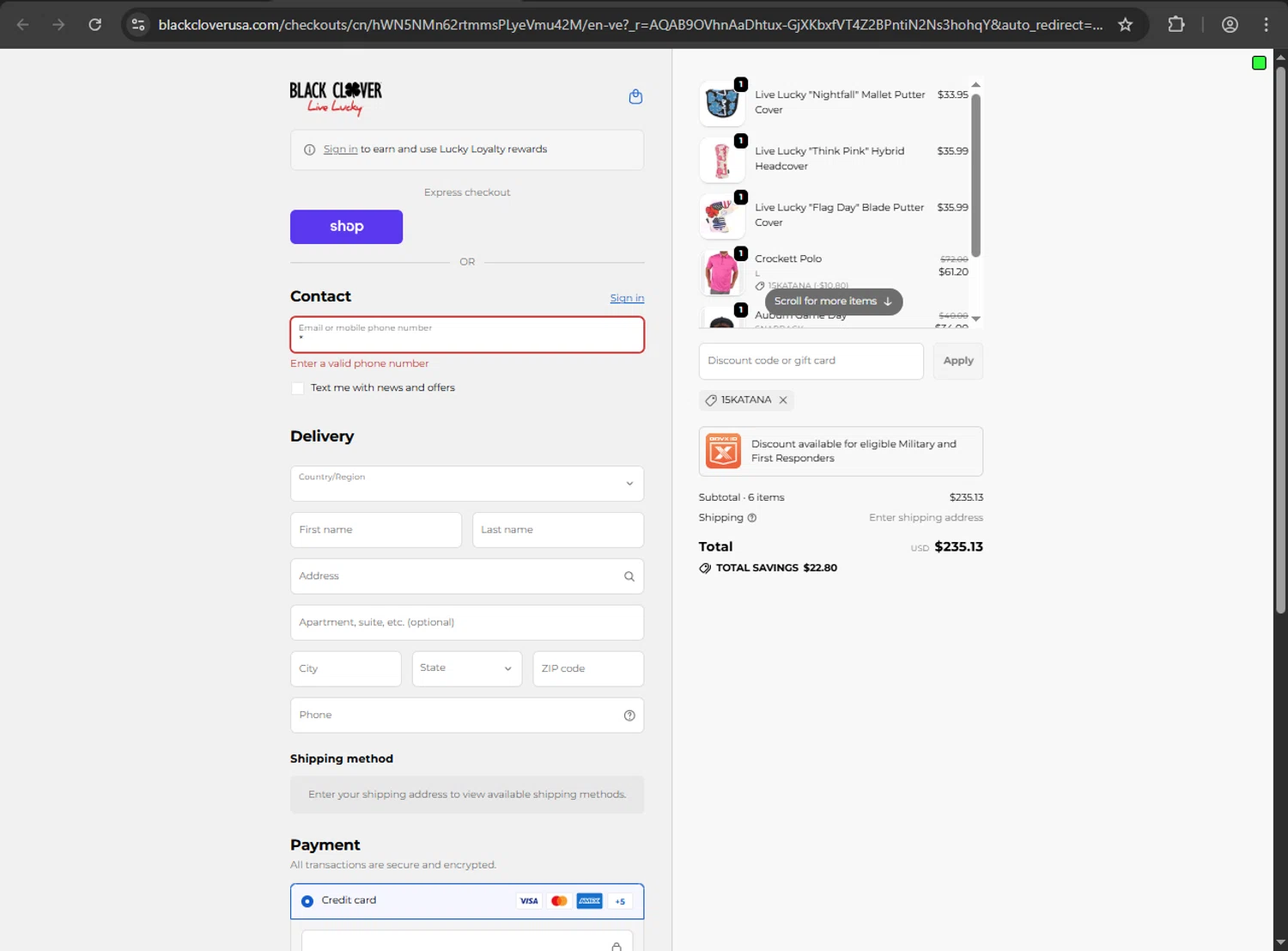Black Clover discount code screenshot showing code 15katana applied at Black Clover checkout page. Uploaded by SimplyCodes community member Aljondris97 on Nov 16, 2025