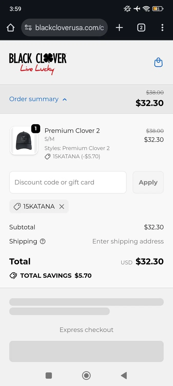 Black Clover discount code screenshot showing code 15katana applied at Black Clover checkout page. Uploaded by SimplyCodes community member RoyalSpotter5217 on Sep 18, 2025