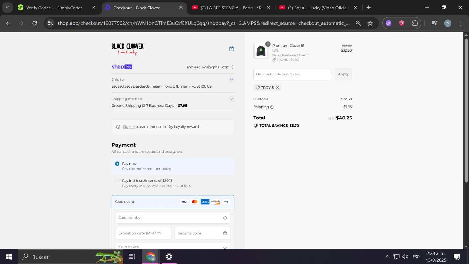 Black Clover discount code screenshot showing code TROY15 applied at Black Clover checkout page. Uploaded by SimplyCodes community member Frizk_1 on Aug 15, 2025
