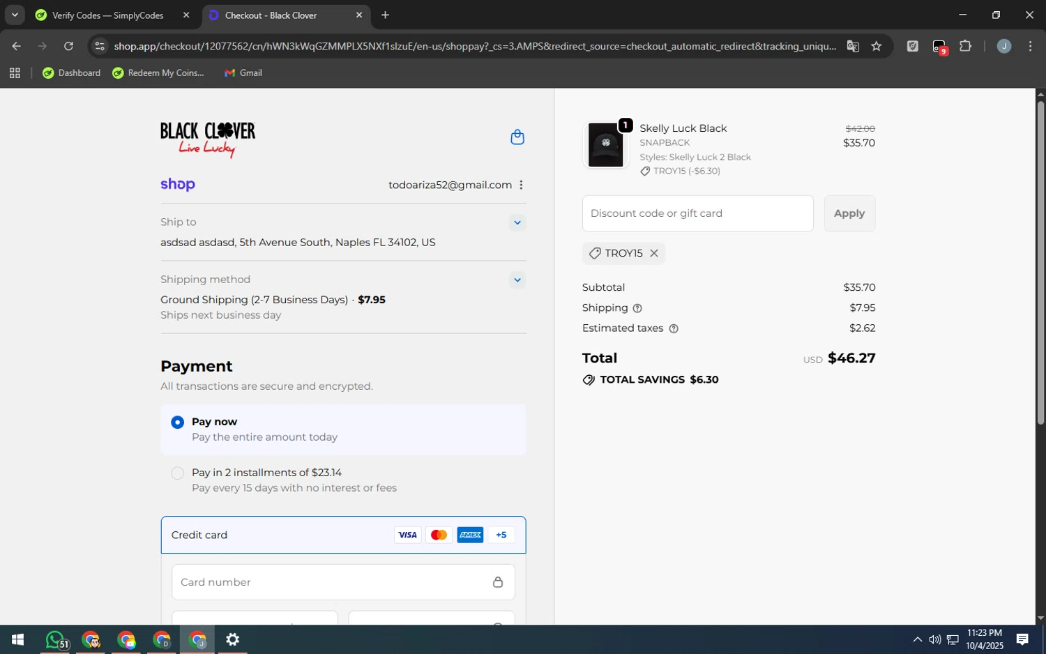 Black Clover discount code screenshot showing code TROY15 applied at Black Clover checkout page. Uploaded by SimplyCodes community member MarkGrayson on Oct 5, 2025