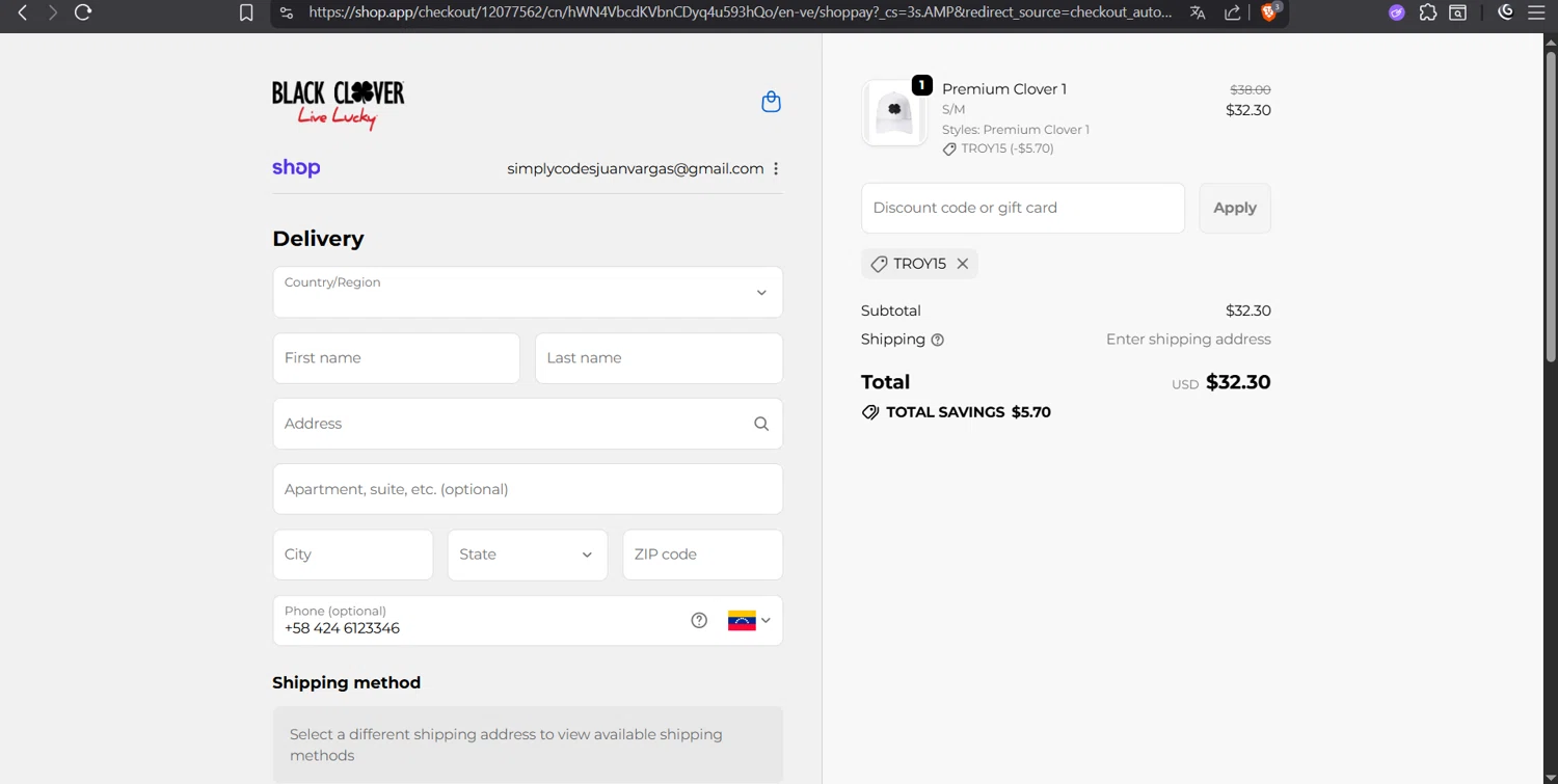 Black Clover discount code screenshot showing code TROY15 applied at Black Clover checkout page. Uploaded by SimplyCodes community member juanvargas1 on Oct 25, 2025