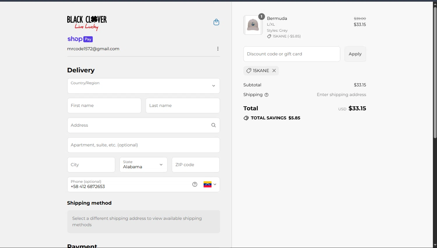 Black Clover discount code screenshot showing code 15KANE applied at Black Clover checkout page. Uploaded by SimplyCodes community member TokioMiller on Jul 21, 2025