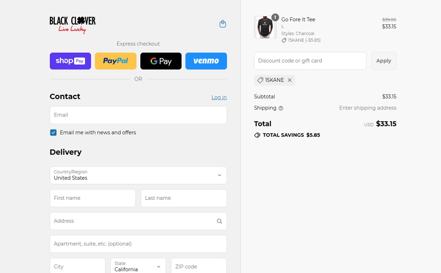 Black Clover discount code screenshot showing code 15KANE applied at Black Clover checkout page. Uploaded by SimplyCodes community member VoucherVirtuoso2520 on Jul 17, 2025