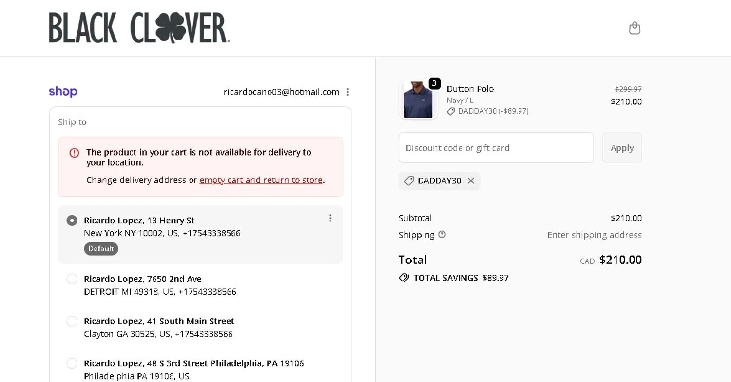 Black Clover promo code screenshot showing code DADDAY30 applied at Black Clover checkout page. Uploaded by SimplyCodes community member LAMINEJAMAL on Jun 4, 2026