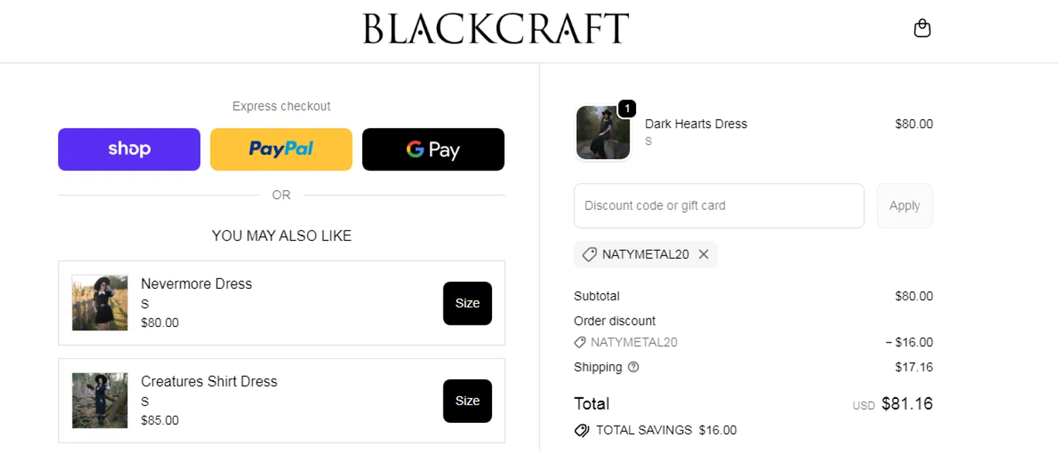 Blackcraft Cult discount code screenshot showing code NATYMETAL20 applied at Blackcraft Cult checkout page. Uploaded by SimplyCodes community member RonaldAcunaJr on Feb 7, 2026