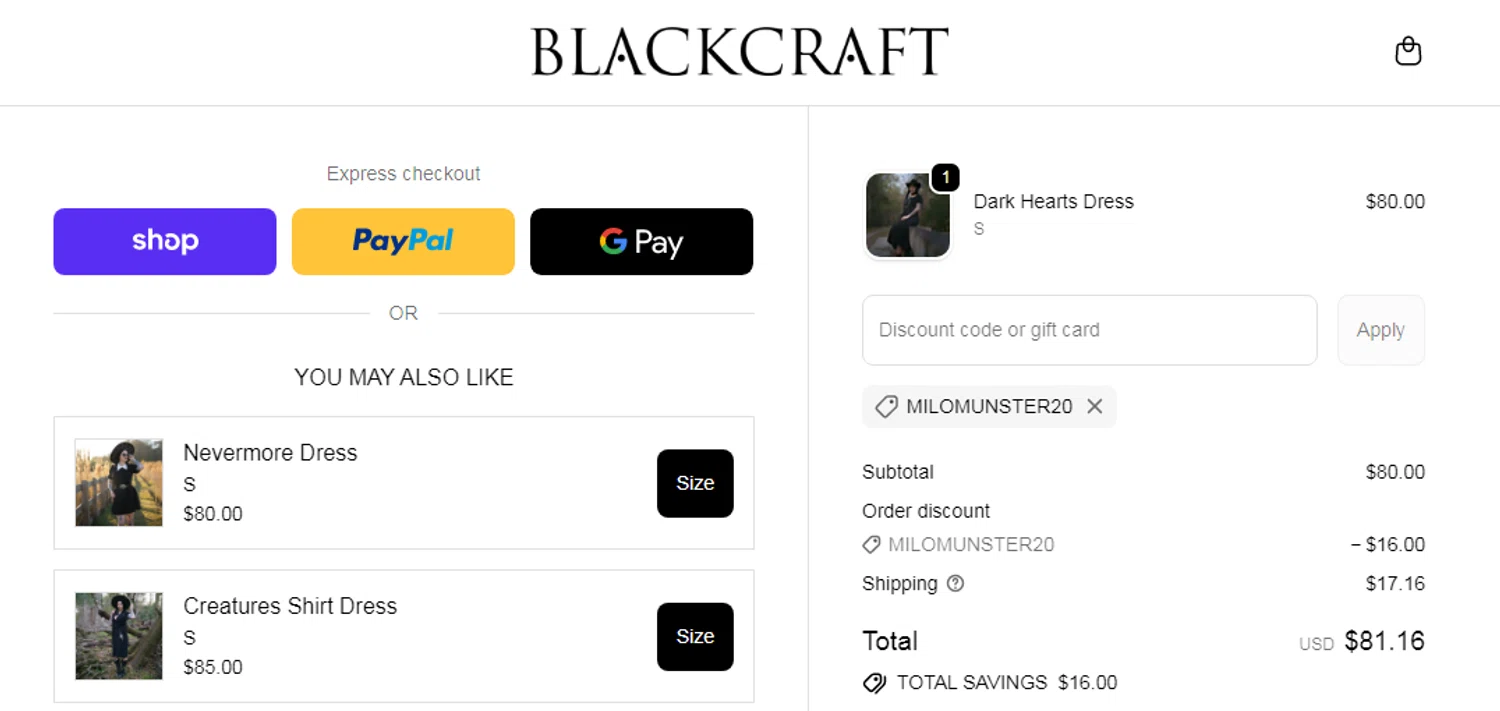 Blackcraft Cult discount code screenshot showing code MILOMUNSTER20 applied at Blackcraft Cult checkout page. Uploaded by SimplyCodes community member RonaldAcunaJr on Feb 7, 2026