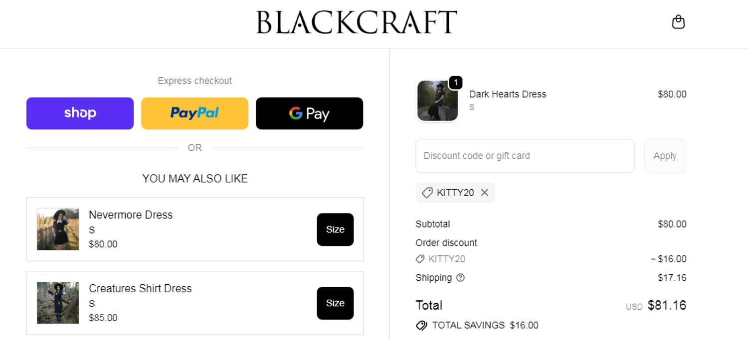 Blackcraft Cult discount code screenshot showing code KITTY20 applied at Blackcraft Cult checkout page. Uploaded by SimplyCodes community member RonaldAcunaJr on Feb 7, 2026