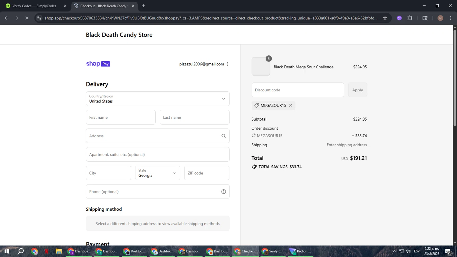 Black Death Candy discount code screenshot showing code MEGASOUR15 applied at Black Death Candy checkout page. Uploaded by SimplyCodes community member DiscountPioneer2554 on Aug 23, 2025