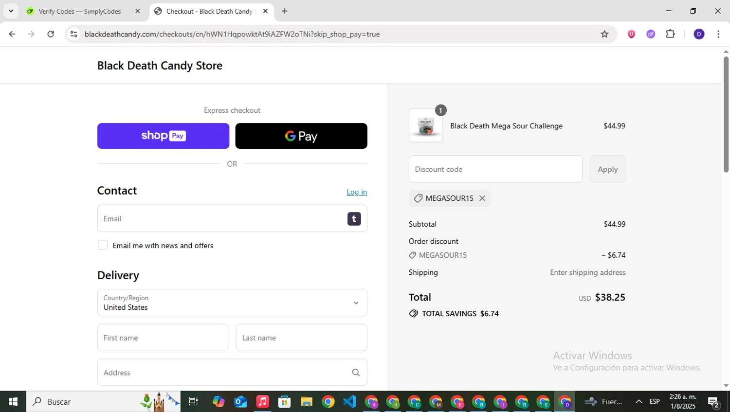Black Death Candy discount code screenshot showing code MEGASOUR15 applied at Black Death Candy checkout page. Uploaded by SimplyCodes community member PrimeNavigator3251 on Aug 1, 2025