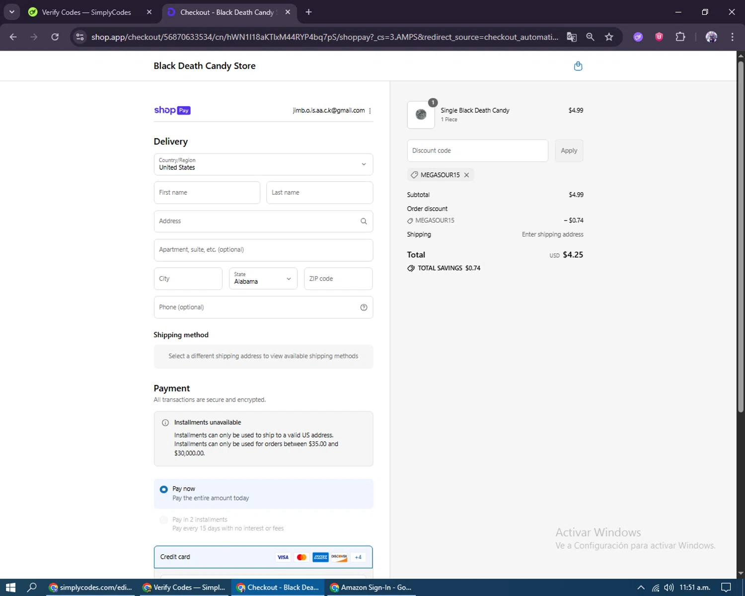 Black Death Candy discount code screenshot showing code MEGASOUR15 applied at Black Death Candy checkout page. Uploaded by SimplyCodes community member kakarotto on Aug 13, 2025
