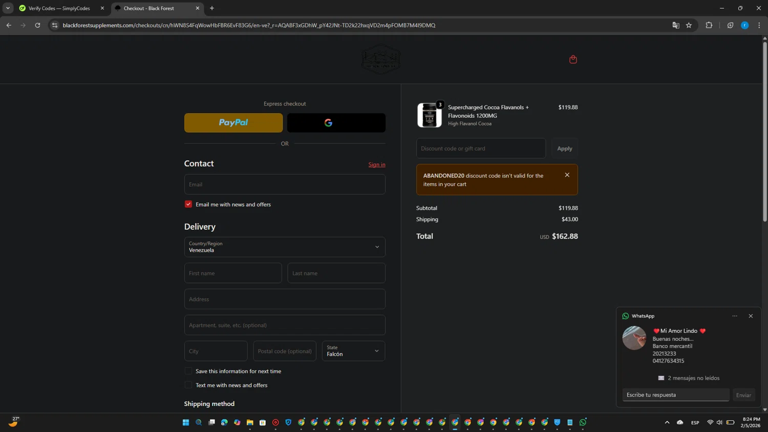 Black Forest coupon code screenshot showing code ABANDONED20 applied at Black Forest checkout page. Uploaded by SimplyCodes community member CouponPhoenix3444 on Feb 6, 2026