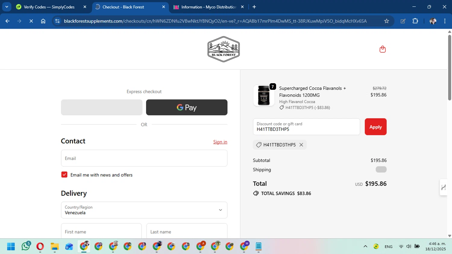 Black Forest coupon code screenshot showing code H41TTBD3THP5 applied at Black Forest checkout page. Uploaded by SimplyCodes community member DavidMGF on Dec 18, 2025