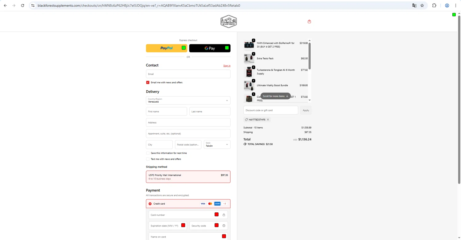 Black Forest checkout page showing Black Forest coupon code box | Screenshot taken by SimplyCodes community member on Feb 10, 2026