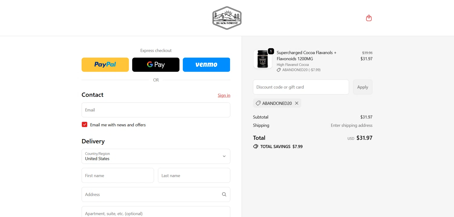Black Forest coupon code screenshot showing code ABANDONED20 applied at Black Forest checkout page. Uploaded by SimplyCodes community member Dorothy on Oct 11, 2025