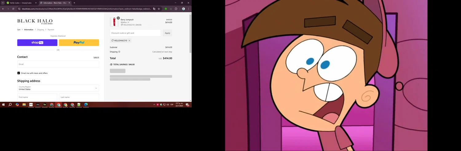Black Halo coupon code screenshot showing code HELLOHALO10 applied at Black Halo checkout page. Uploaded by SimplyCodes community member ValiantLegend7294 on Jan 22, 2025