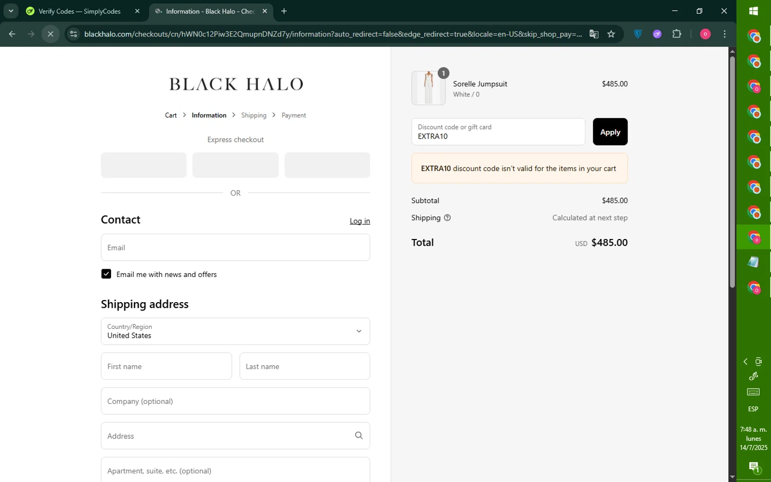 Black Halo coupon code screenshot showing code EXTRA10 applied at Black Halo checkout page. Uploaded by SimplyCodes community member RebateNavigator926 on Jul 14, 2025