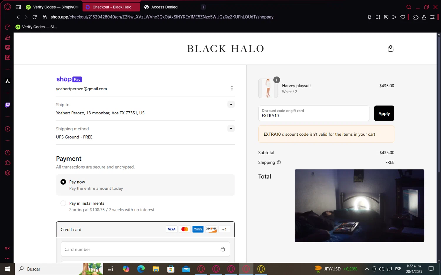 Black Halo coupon code screenshot showing code EXTRA10 applied at Black Halo checkout page. Uploaded by SimplyCodes community member Code_339264826 on Apr 28, 2025
