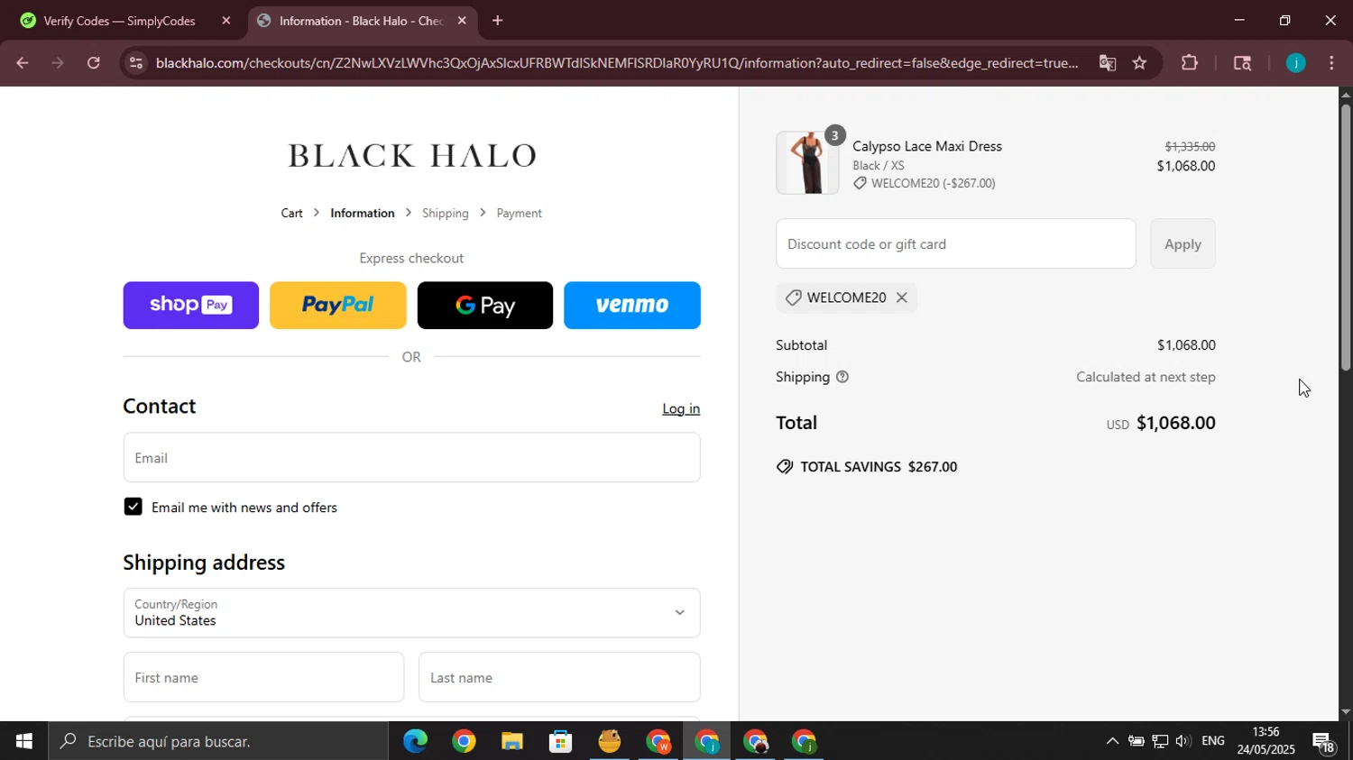 Black Halo coupon code screenshot showing code welcome20 applied at Black Halo checkout page. Uploaded by SimplyCodes community member juanjo2 on May 24, 2025