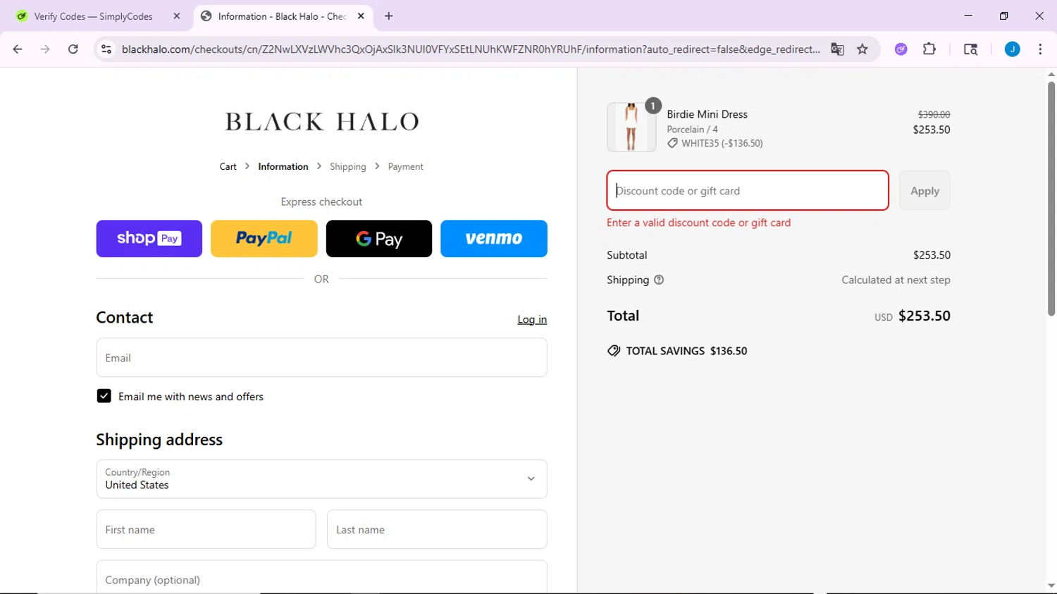 Black Halo coupon code screenshot showing code WHITE35 applied at Black Halo checkout page. Uploaded by SimplyCodes community member CodeLynx3161 on Jun 20, 2025