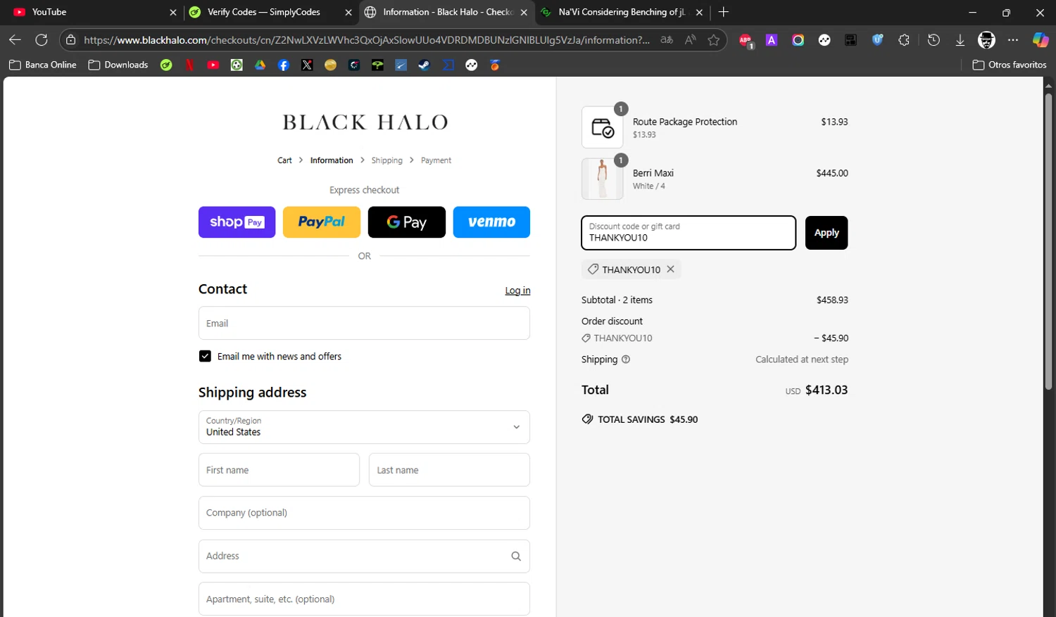 Black Halo coupon code screenshot showing code THANKYOU10 applied at Black Halo checkout page. Uploaded by SimplyCodes community member ROCKSORD on Jun 30, 2025