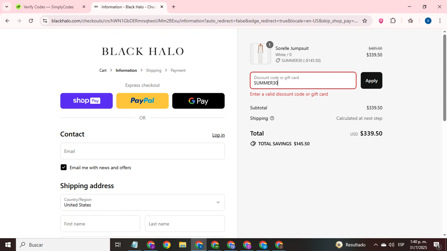 Black Halo coupon code screenshot showing code SUMMER30 applied at Black Halo checkout page. Uploaded by SimplyCodes community member CrownTitan5376 on Jul 31, 2025