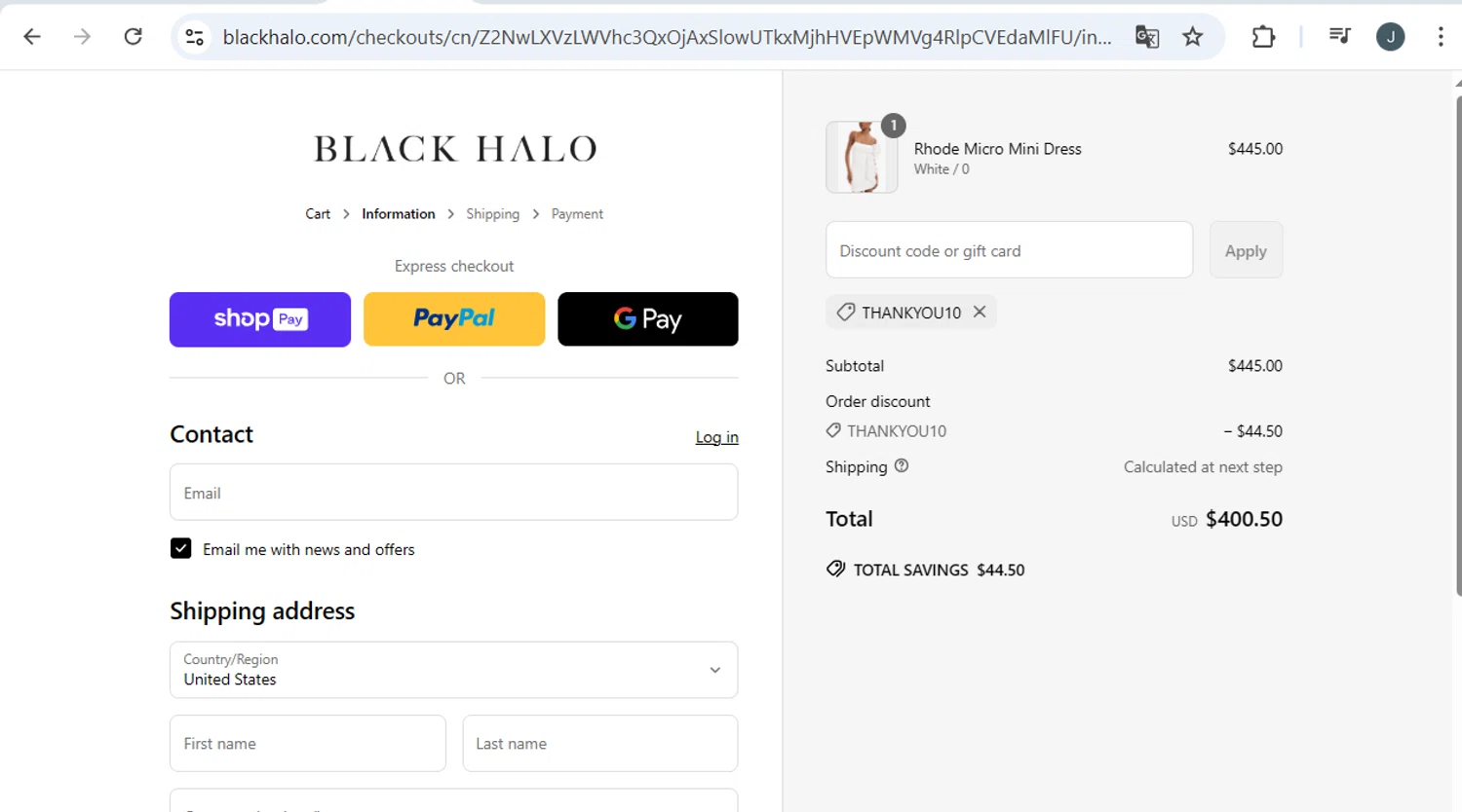Black Halo coupon code screenshot showing code THANKYOU10 applied at Black Halo checkout page. Uploaded by SimplyCodes community member BB9542251456527 on Jun 30, 2025