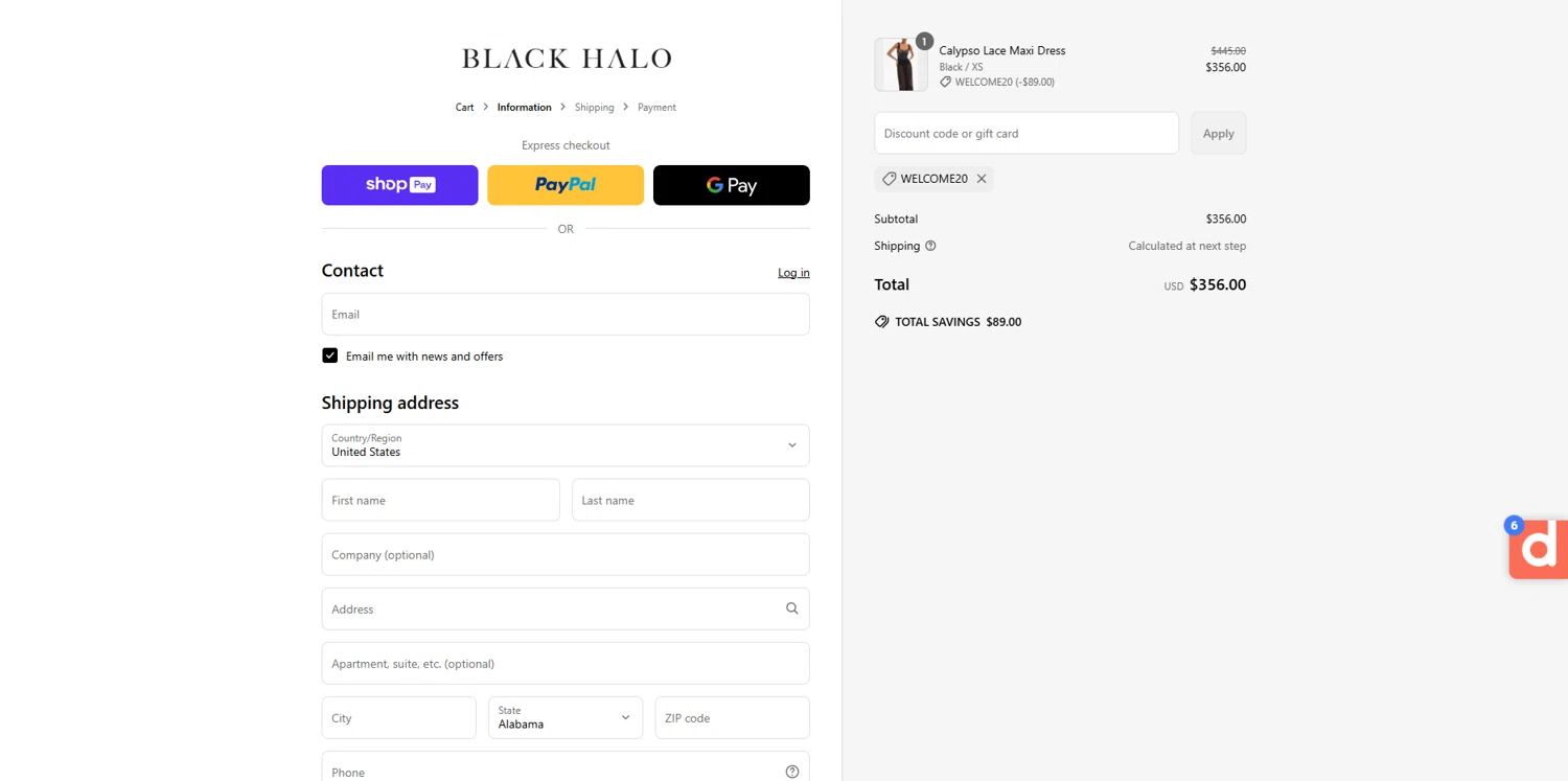 Black Halo coupon code screenshot showing code welcome20 applied at Black Halo checkout page. Uploaded by SimplyCodes community member Dorothy on May 24, 2025