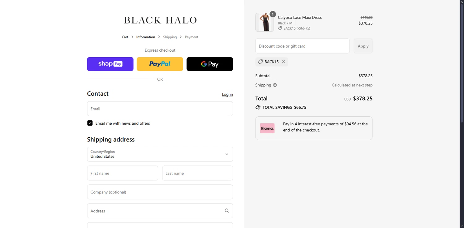 Black Halo coupon code screenshot showing code BACK15 applied at Black Halo checkout page. Uploaded by SimplyCodes community member Serdanvz on Aug 16, 2025