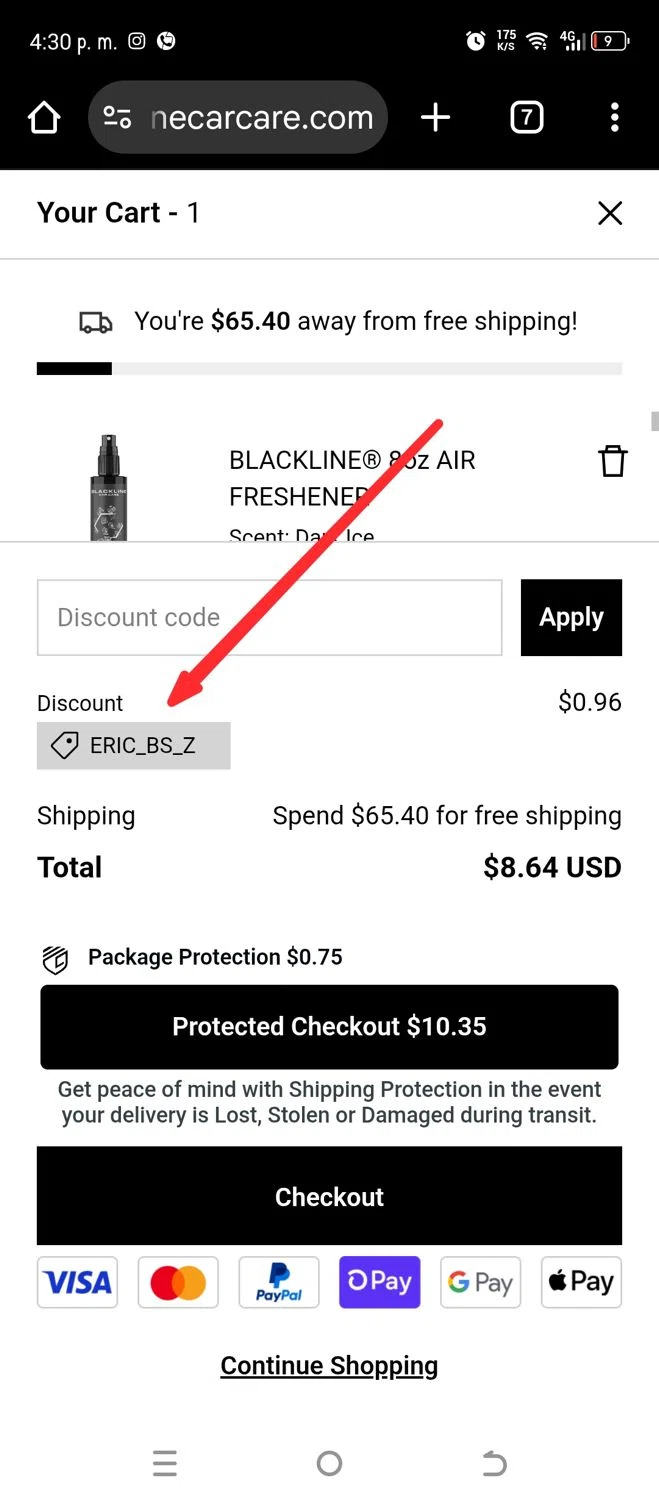 Blackline Car Care discount code screenshot showing code ERIC_BS_Z applied at Blackline Car Care checkout page. Uploaded by SimplyCodes community member ADONAY on Oct 4, 2025