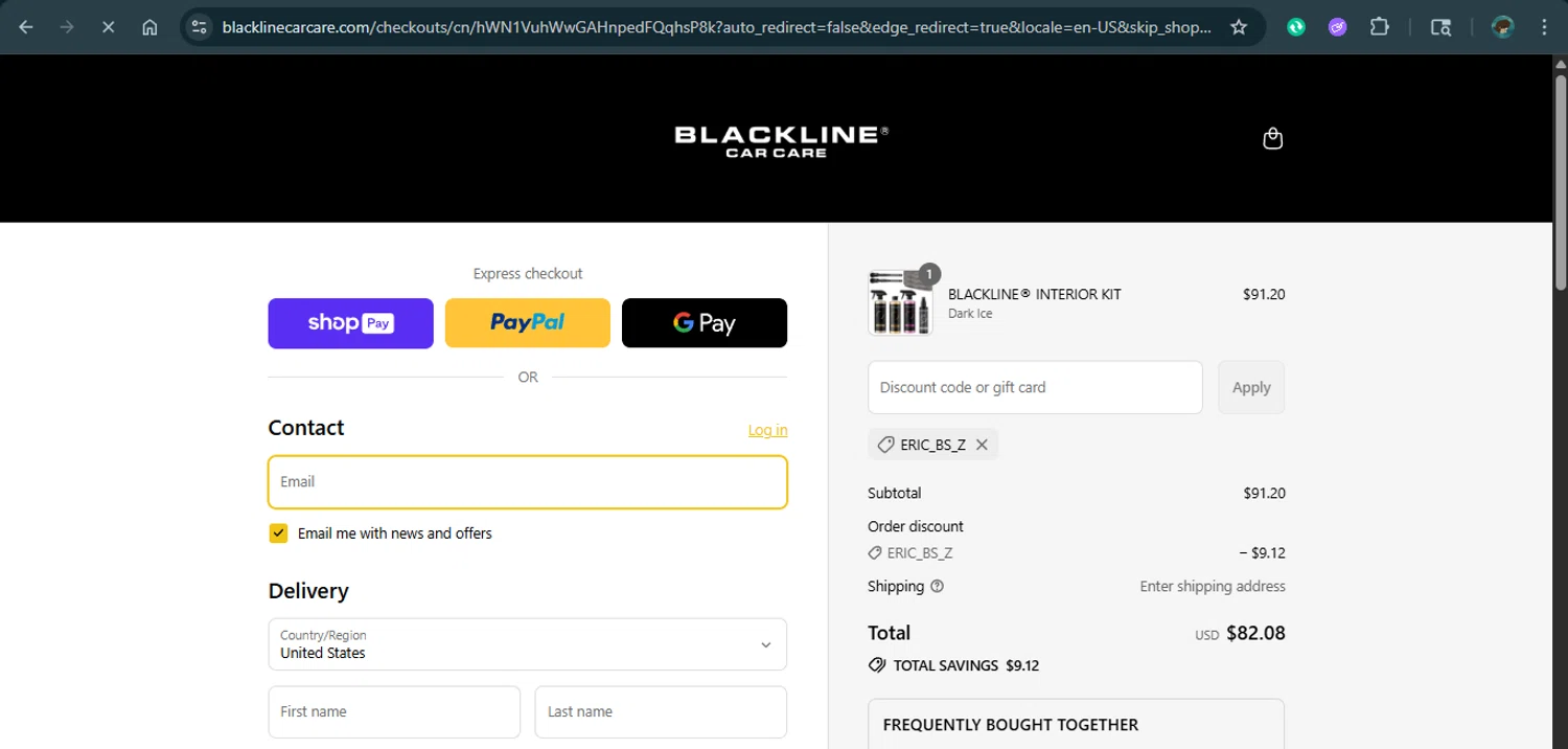 Blackline Car Care discount code screenshot showing code ERIC_BS_Z applied at Blackline Car Care checkout page. Uploaded by SimplyCodes community member xAngel on Aug 7, 2025